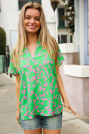 Follow Me Green Animal Print V Neck Short Sleeve Blouse | Daverri Fashions