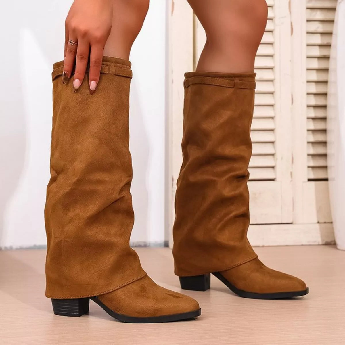 Brown Point Toe Block Heels Boots | Boots Daverri Fashions