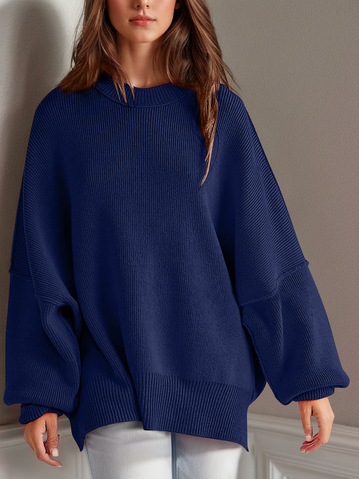 Side Slit Round Neck Long Sleeve Sweater Dark Blue Tops