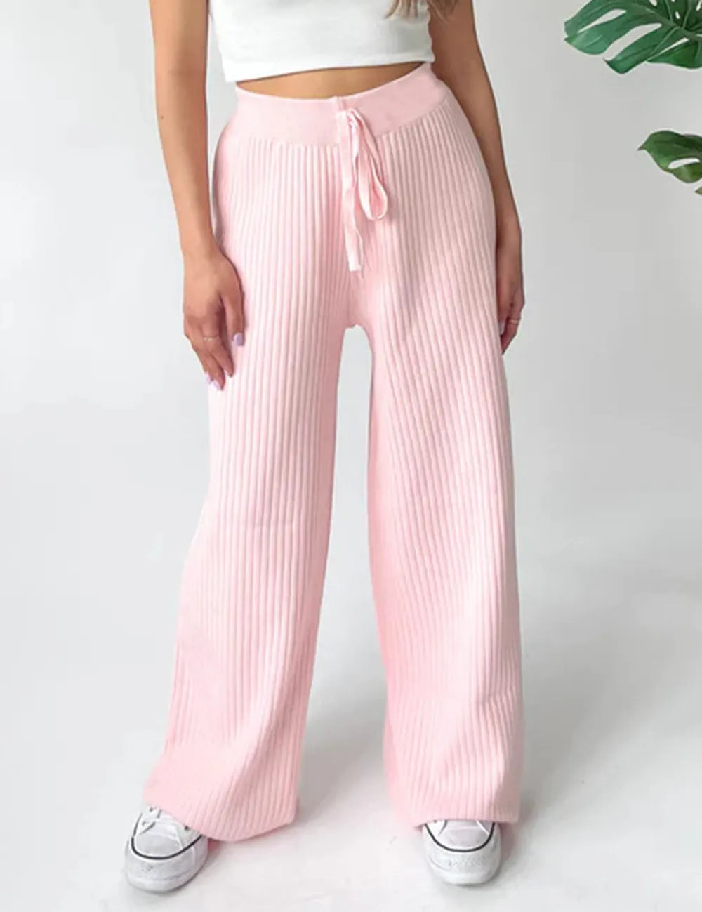 Blush Pink Ribbed Wide Leg Sweater Pants | Bottoms Daverri Fashions
