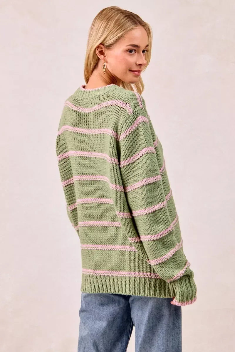 BiBi Striped Long Sleeve Sweater - DAVERRI FASHIONS