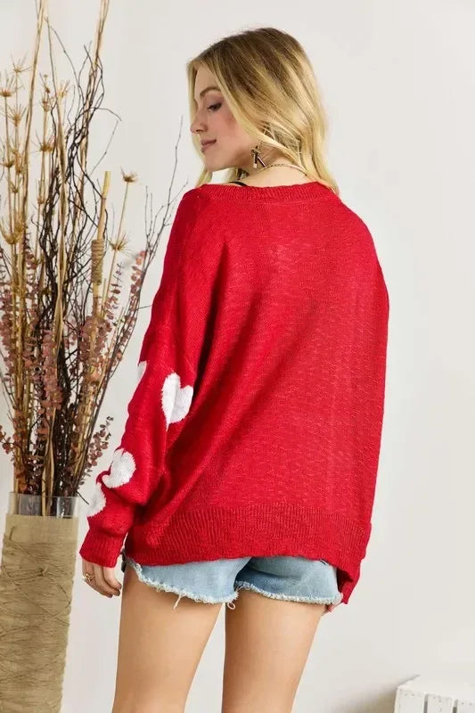 ADORA Plus Size Heart V-Neck Knit Top - DAVERRI FASHIONS