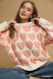 Umgee Mix Heart Pattern Pearl Accent Sweater | Sweaters Daverri Fashions