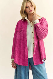 Hot Pink Davi & Dani Curved Hem Diamond Quilted Button Up Denim Shacket | Shackets Daverri Fashions