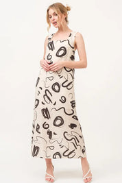 BEIGE M And The Why Square Neck Abstract Printed Maxi Dress | Daverri Fashions