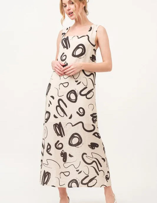 BEIGE M And The Why Square Neck Abstract Printed Maxi Dress | Daverri Fashions