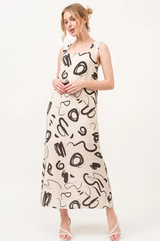 And The Why Square Neck Abstract Printed Maxi Dress BEIGE M