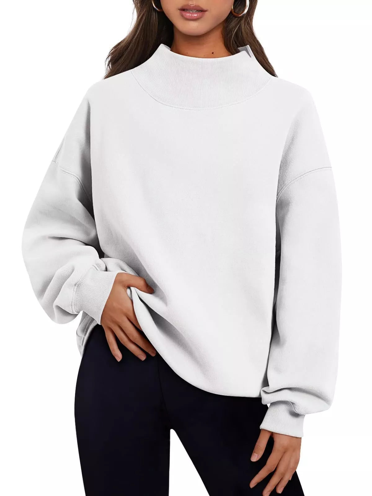 White oversized mock neck sweatshirt with ribbed cuffs