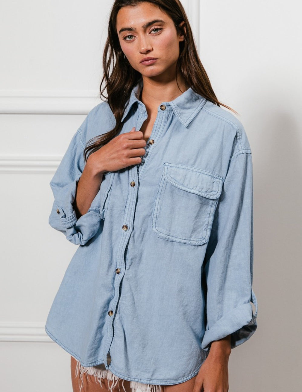 BiBi Button Down Stitch Detail Shirt with Chest Pockets Denim