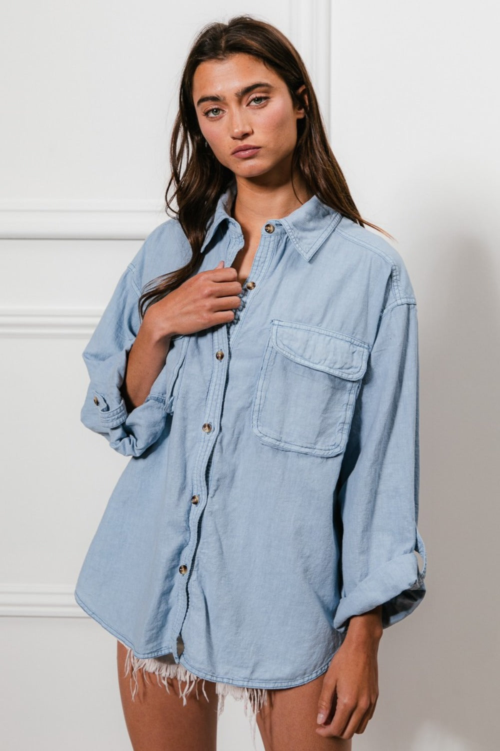 BiBi Button Down Stitch Detail Shirt with Chest Pockets Denim