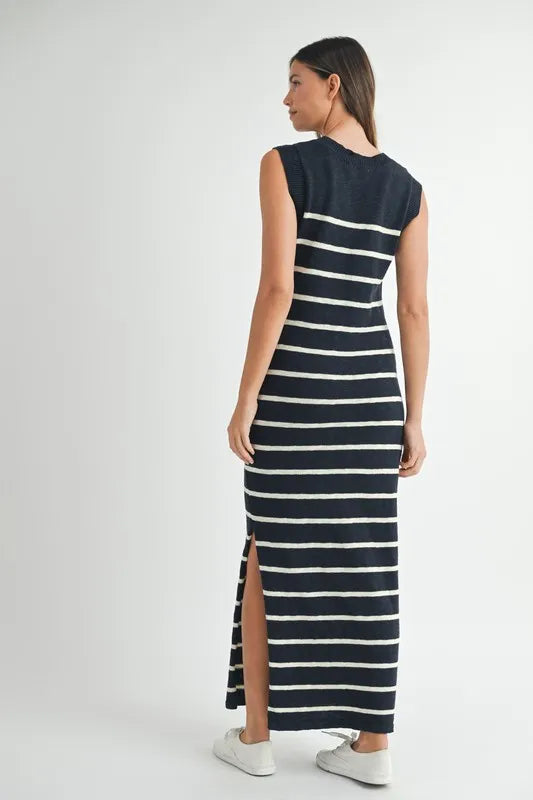 MABLE Sleeveless Stripe Sweater Maxi Side Slit Dress