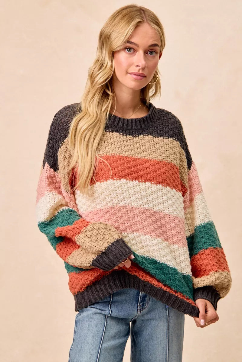 BiBi Stripes Color Block Chunky Sweater | Sweaters Daverri Fashions