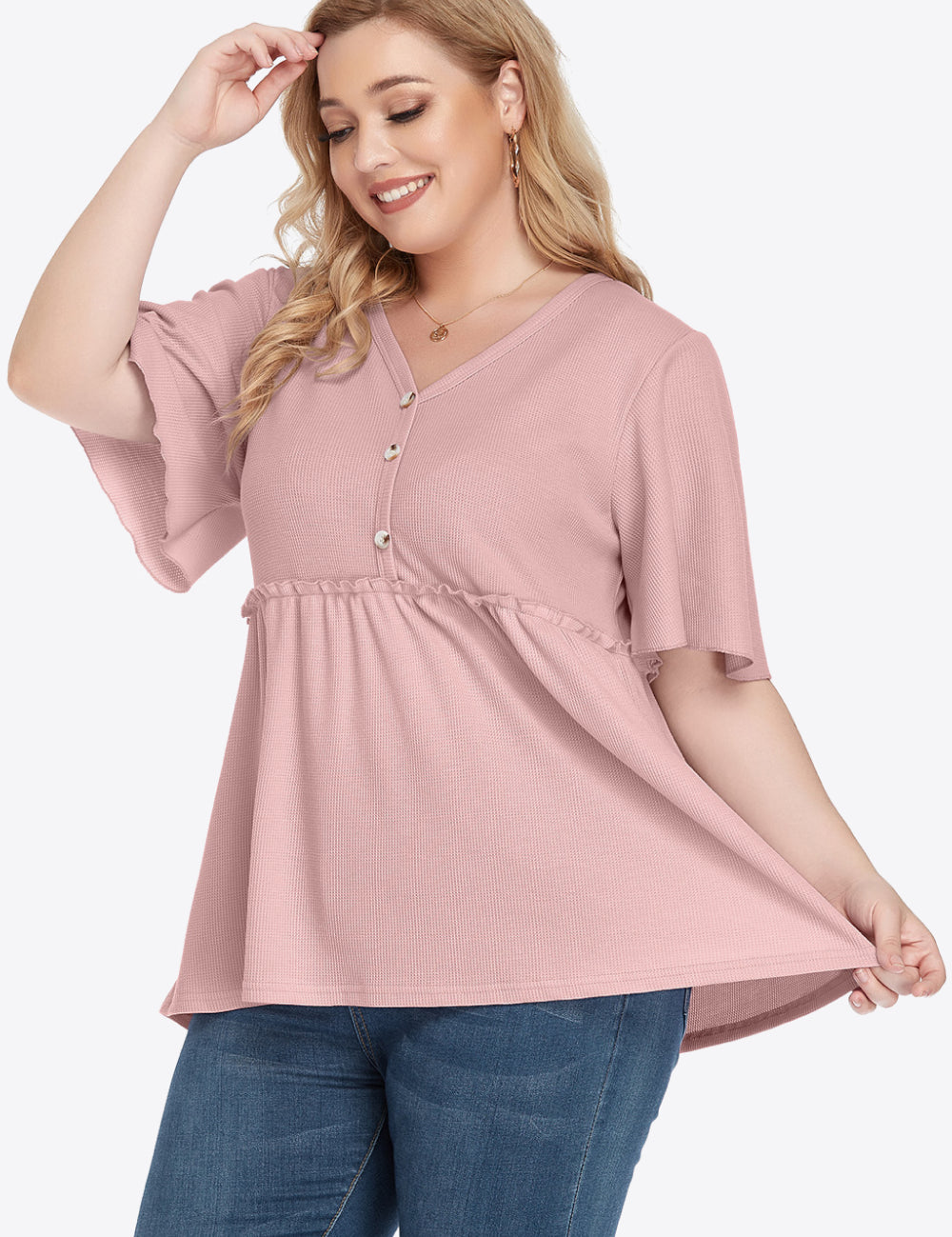 Plus size dusty pink chiffon V-neck babydoll blouse with ruffle hem