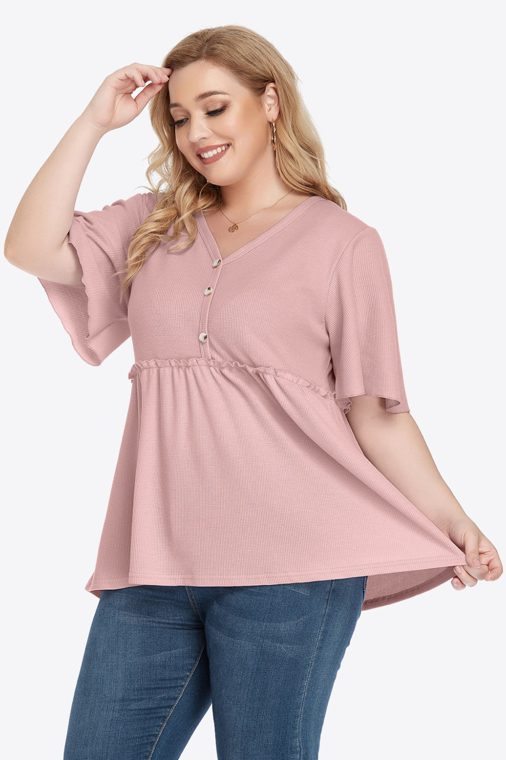 Plus size dusty pink chiffon V-neck babydoll blouse with ruffle hem