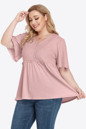 Plus size dusty pink chiffon V-neck babydoll blouse with ruffle hem