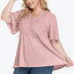 Plus Size Buttoned V-Neck Frill Trim Babydoll Blouse - DAVERRI FASHIONS