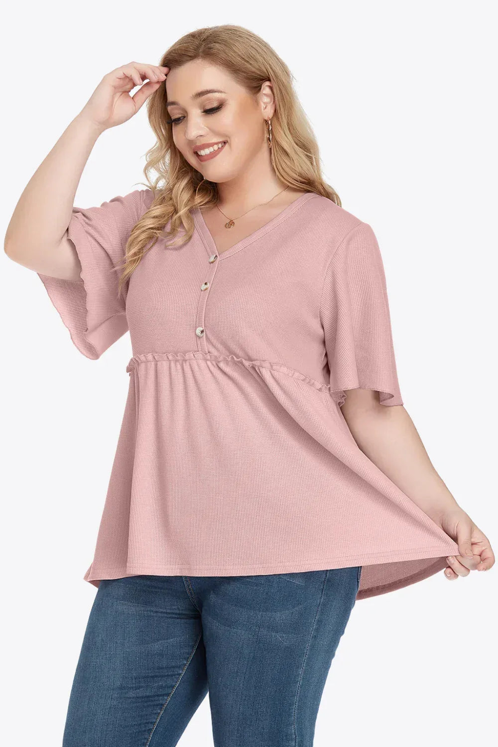 Plus Size Buttoned V-Neck Frill Trim Babydoll Blouse - DAVERRI FASHIONS