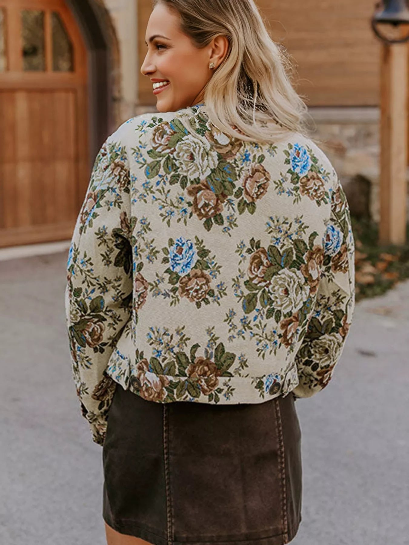 Vintage Floral Print Zip Up Contrast Collared Jacket | Jackets Daverri Fashions