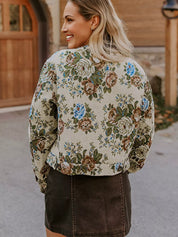 Vintage Floral Print Zip Up Contrast Collared Jacket | Jackets Daverri Fashions