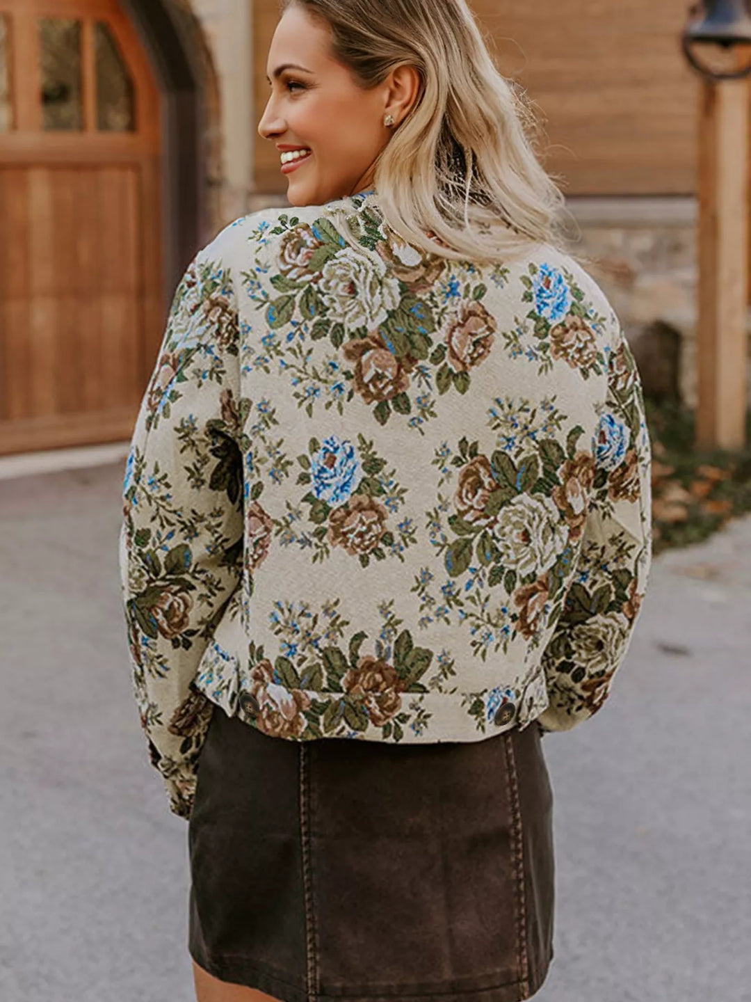 Vintage Floral Print Zip Up Contrast Collared Jacket | Jackets Daverri Fashions