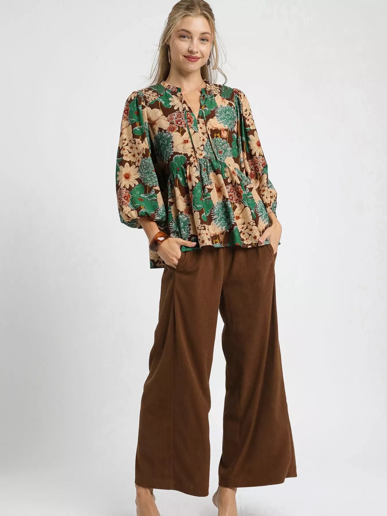 Umgee Mix Floral Peplum Blouse with Tie Neck | Blouses Daverri Fashions