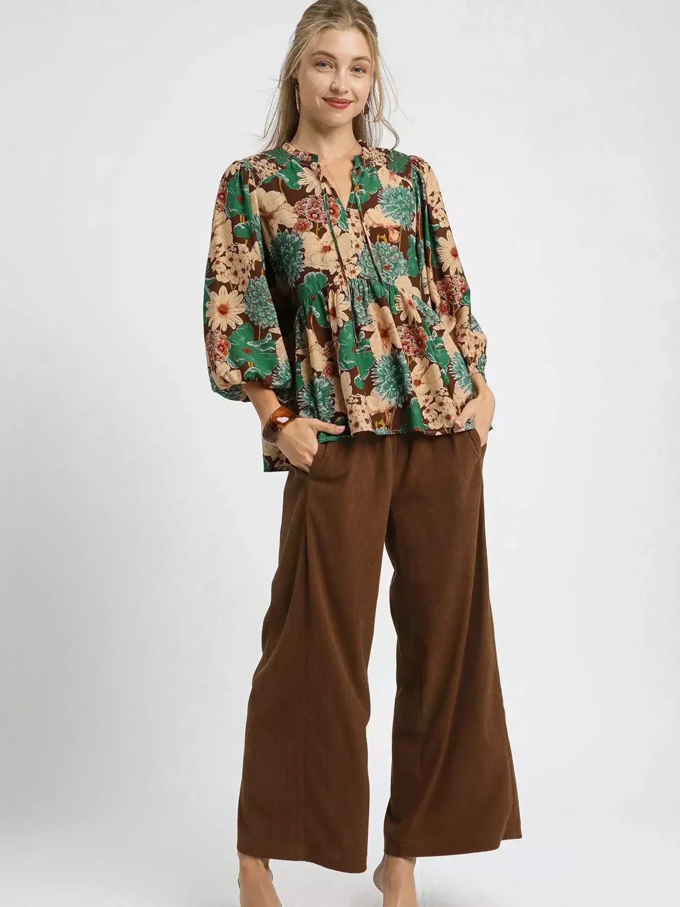 Umgee Mix Floral Peplum Blouse with Tie Neck - DAVERRI FASHIONS