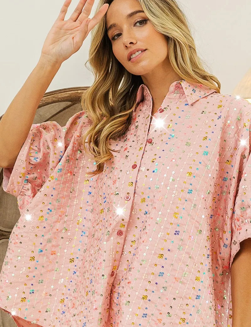 BLUSH BiBi Sequin Striped Short Dolman Sleeve Blouse | Daverri Fashions