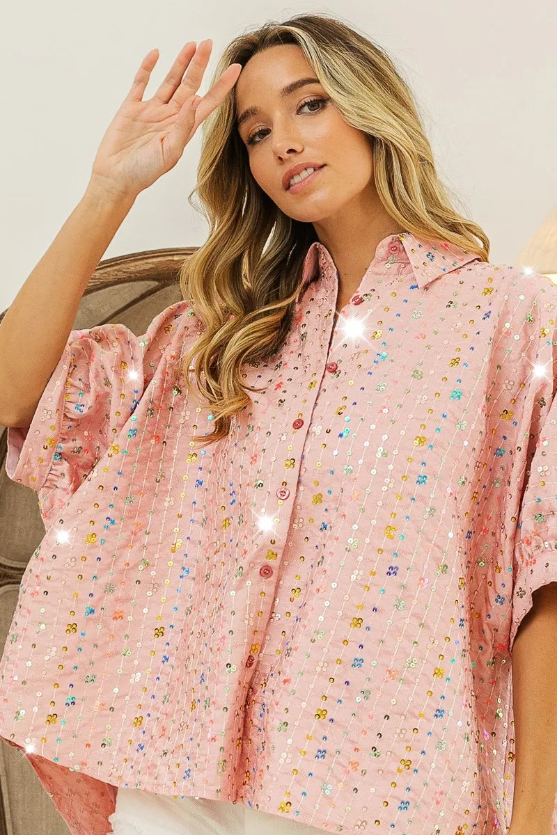BiBi Sequin Striped Short Dolman Sleeve Blouse BLUSH
