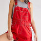Daverri wide strap square neck denim shortalls in red with white stitching and silver buttons