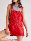 Daverri wide strap square neck denim shortalls in red with white stitching and silver buttons