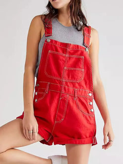 Daverri wide strap square neck denim shortalls in red with white stitching and silver buttons