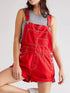 Daverri wide strap square neck denim shortalls in red with white stitching and silver buttons