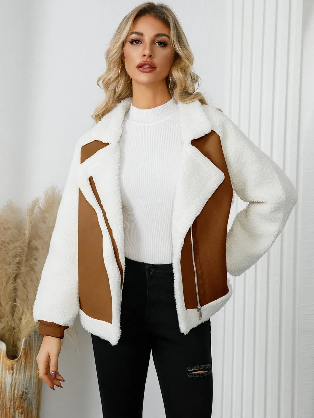 Pocketed Sherpa Zip Up Long Sleeve Jacket | Jackets Daverri Fashions