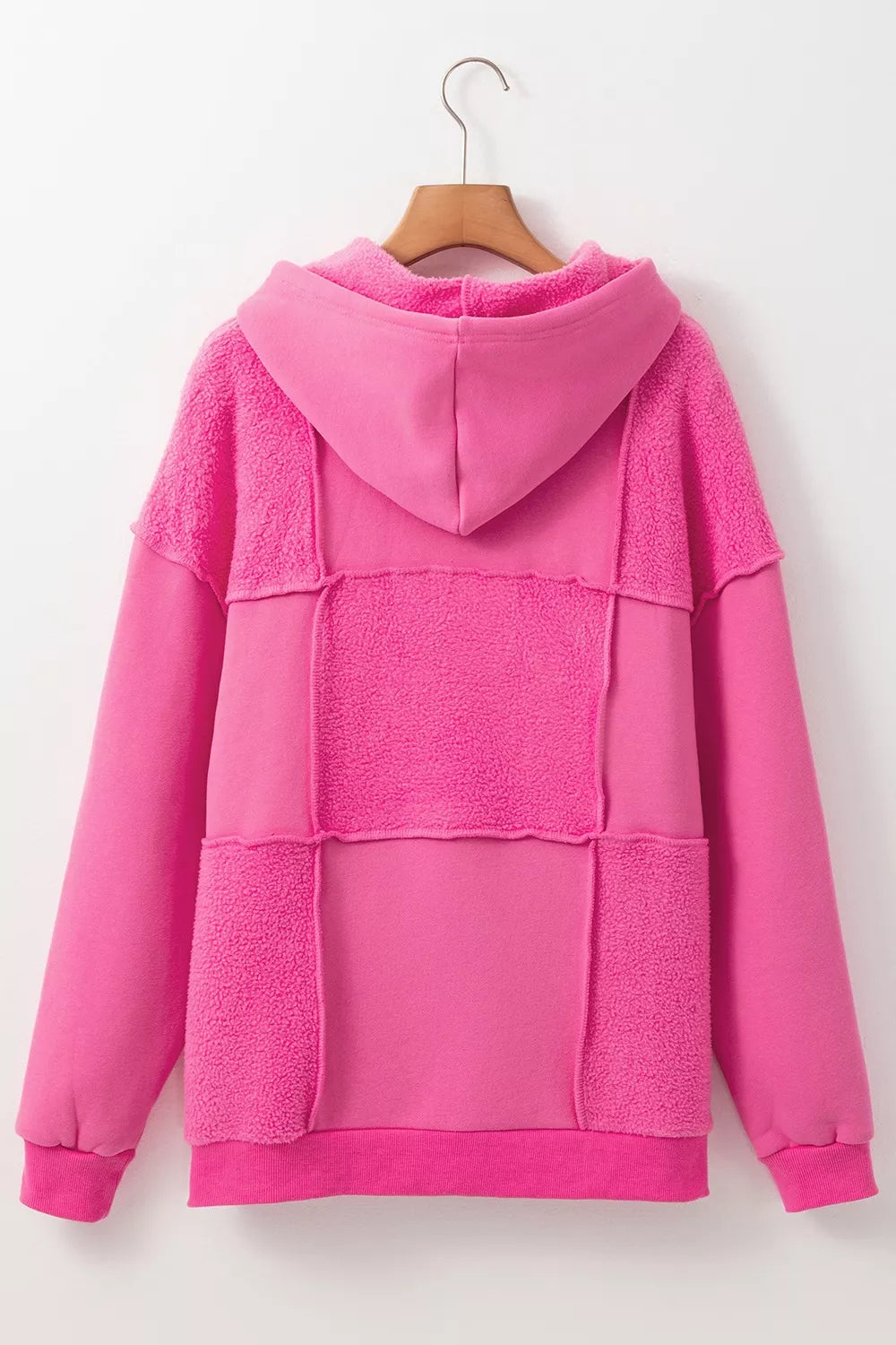 Hot pink fuzzy Sherpa patchwork long sleeve hoodie with hood and pockets