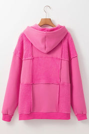 Hot pink fuzzy Sherpa patchwork long sleeve hoodie with hood and pockets