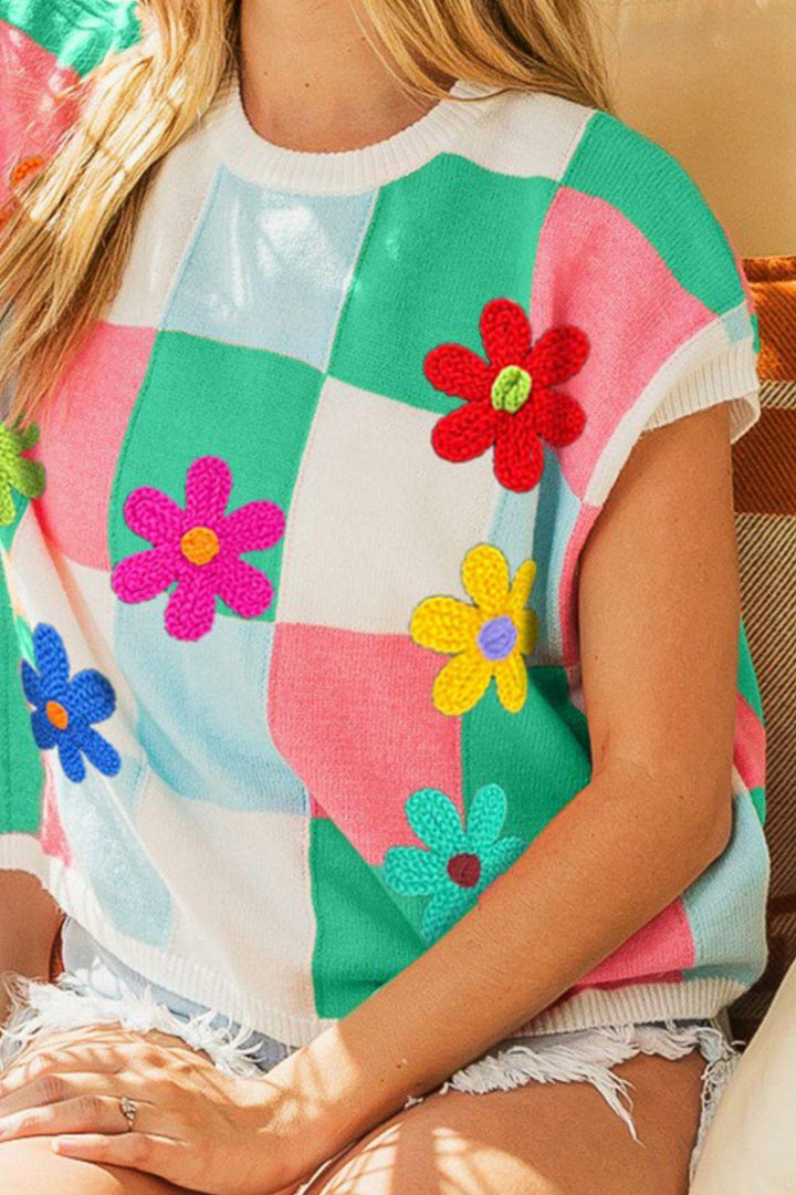 BiBi Flower Patch Checkered Sweater Vest Shirts & Tops