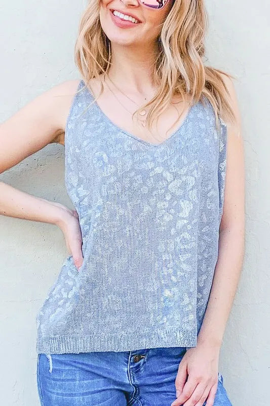 And The Why Leopard Foil Print Sleeveless Sweater Top GREY Sweaters