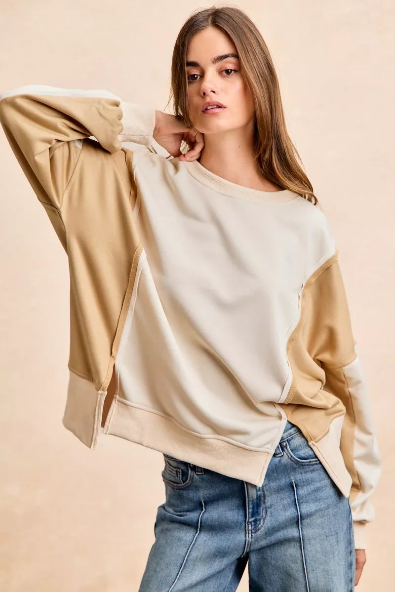 BiBi French Terry color block sweatshirt in beige and cream