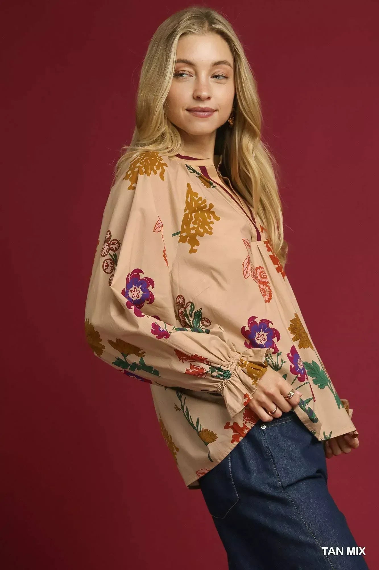Umgee Floral Print Flounce Sleeve Blouse - DAVERRI FASHIONS