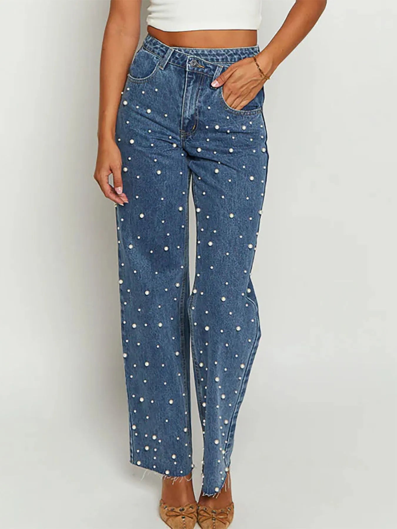 Pearl Embellished High Waist Straight Leg Jeans | Jeans Daverri Fashions