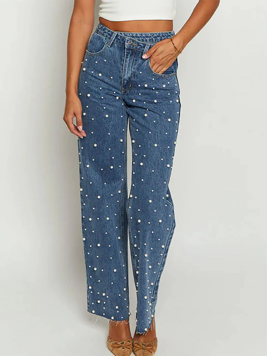 Pearl Embellished High Waist Straight Leg Jeans | Jeans Daverri Fashions