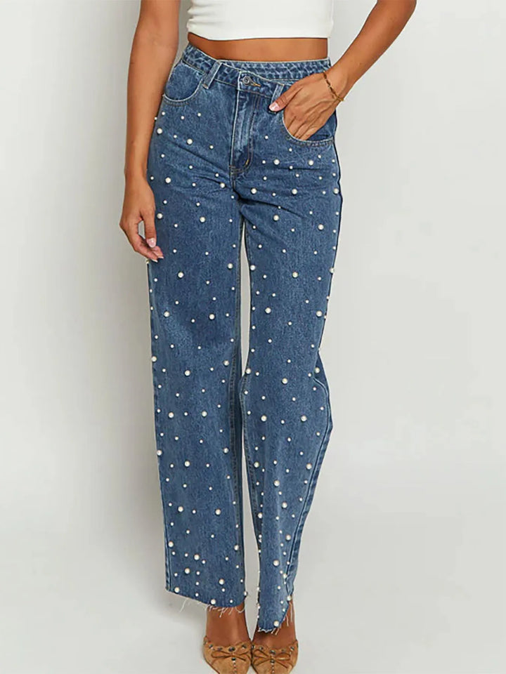 Pearl Embellished High Waist Straight Leg Jeans | Jeans Daverri Fashions