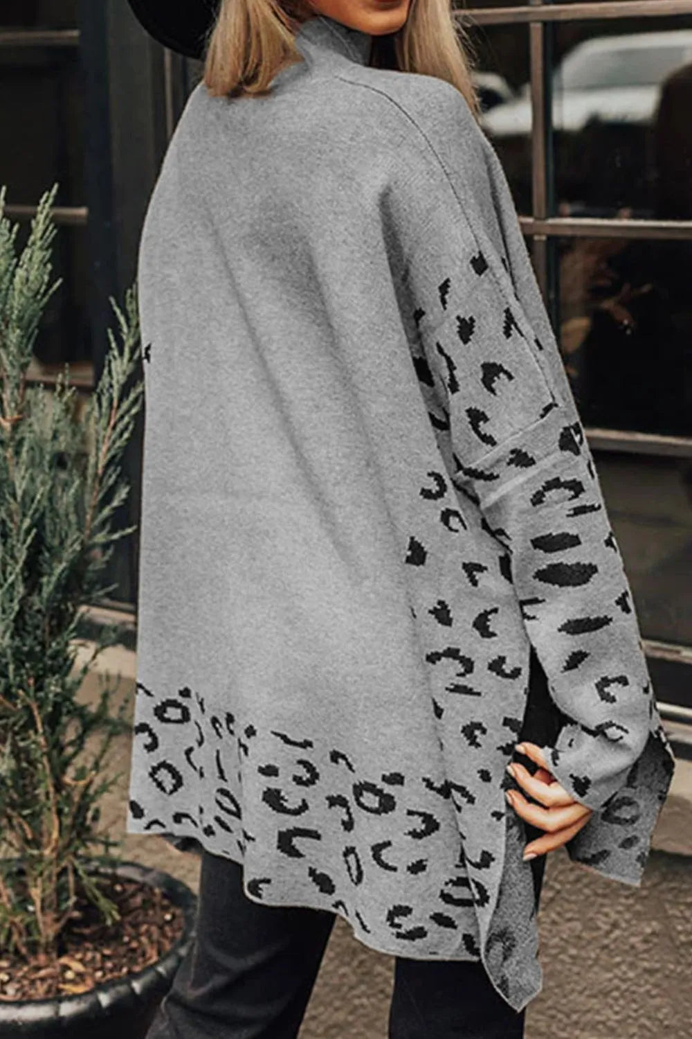 Slit Leopard Mock Neck Dropped Shoulder Sweater | Sweaters Daverri Fashions