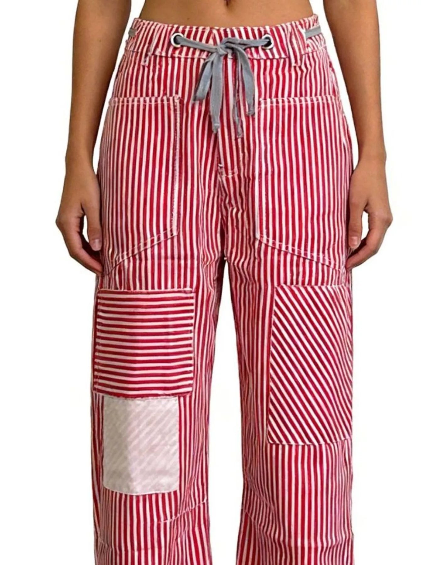Daverri Striped Wide-Leg Pants in red white stripes with gray drawstring