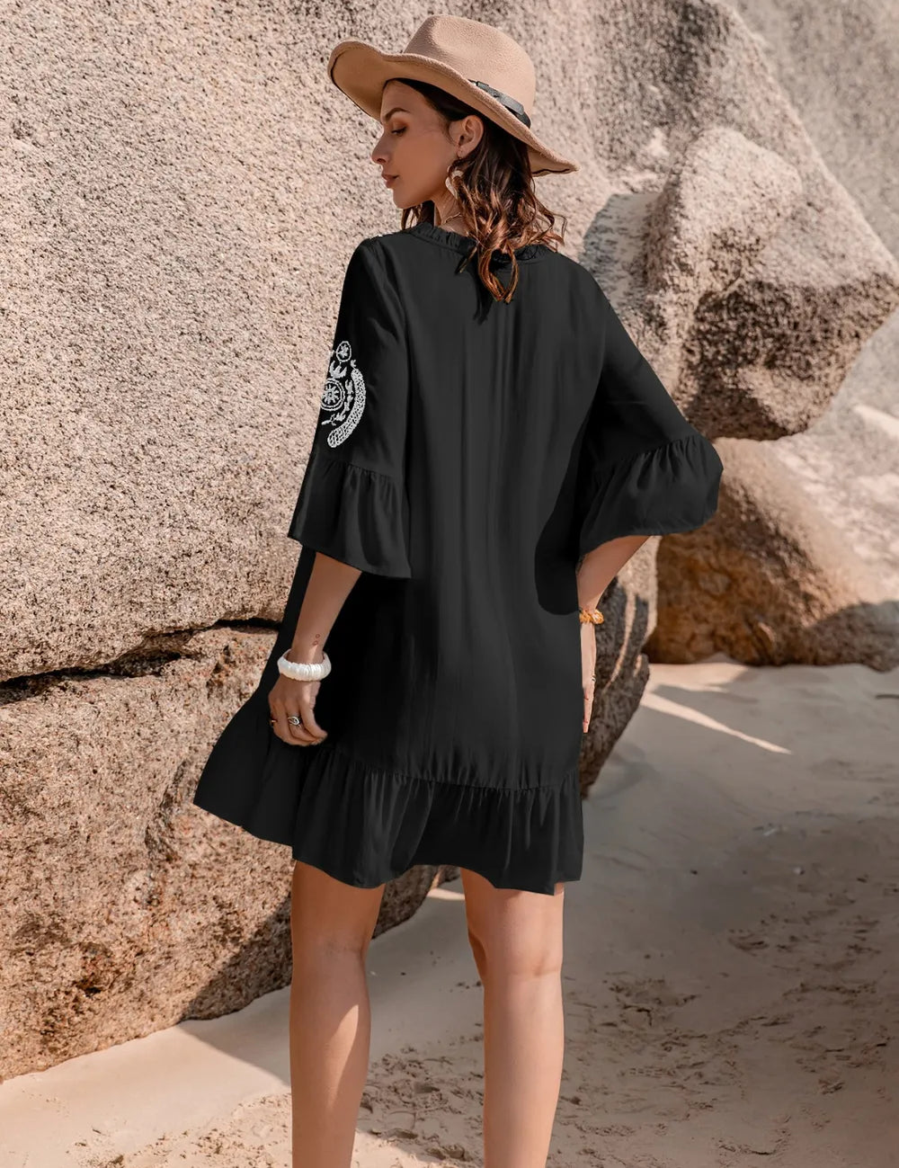 Printed Tie Neck Flounce Sleeve Mini Dress | Mini Dresses Daverri Fashions