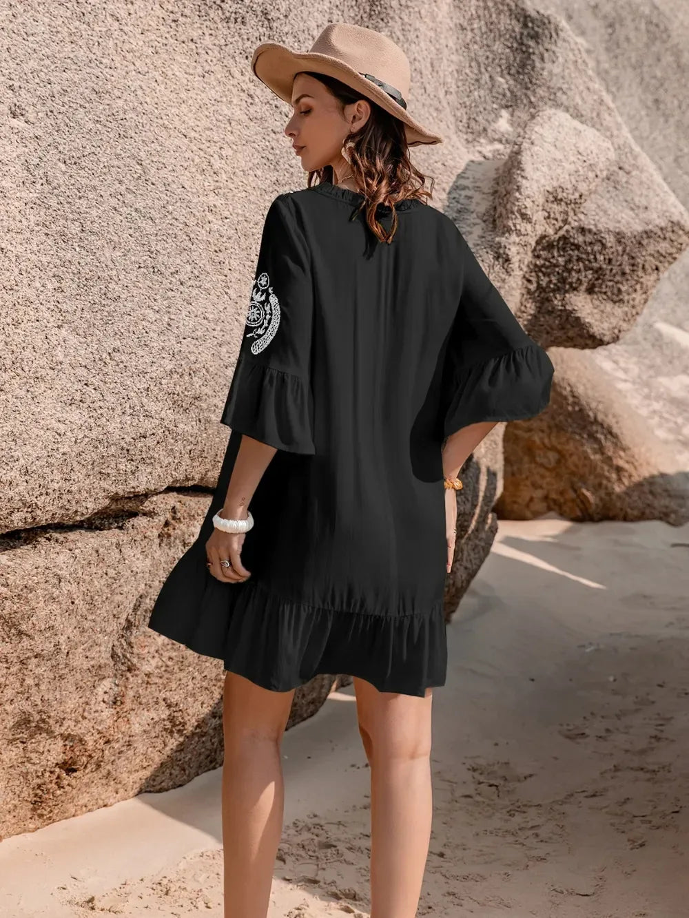 Printed Tie Neck Flounce Sleeve Mini Dress - DAVERRI FASHIONS