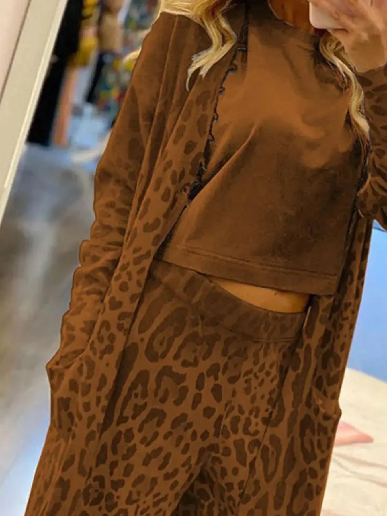 Daverri Fashions Long Sleeve Leopard Print Longline Top and Pants Set - DAVERRI FASHIONS