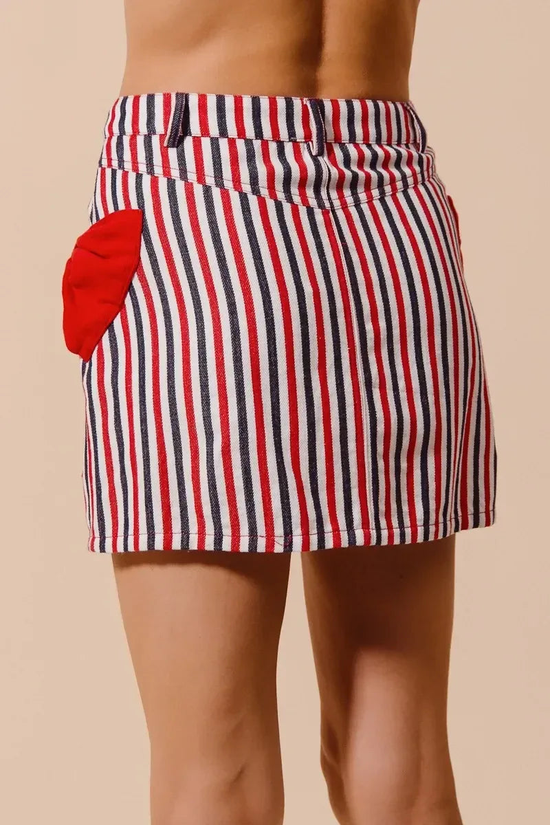 SO ME Contrast Bow Knot Pocket Fourth Of July Denim Skirt - DAVERRI FASHIONS