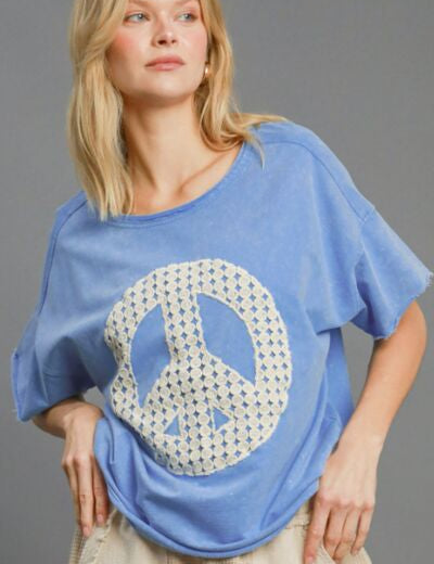 Umgee Full Size Mineral Wash T-Shirt with Lace Applique Plus Size Sky Blue T-Shirts