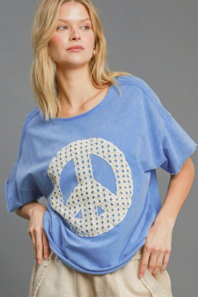 Umgee Full Size Mineral Wash T-Shirt with Lace Applique Plus Size Sky Blue T-Shirts